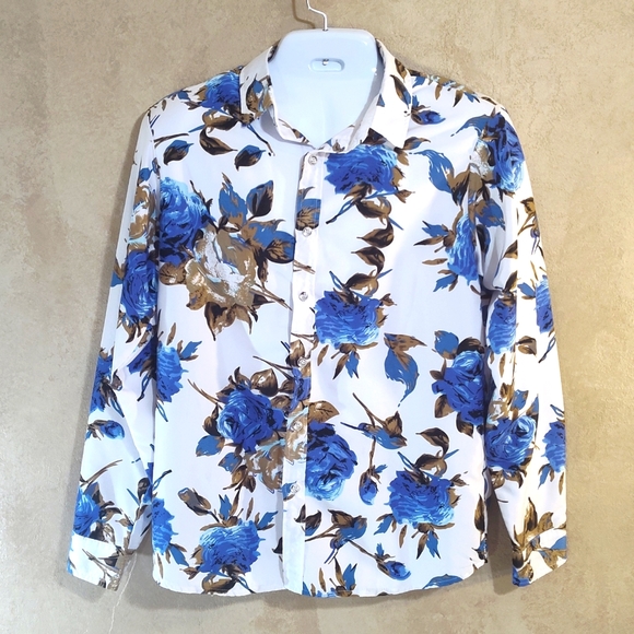 Other - White Men's Dress Shirt with Blue & Gold Floral Print Size XL